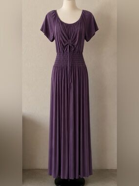 YUNA Purple Maxi Dress Ruched Front Smocked Waist Short Sleeve Boho